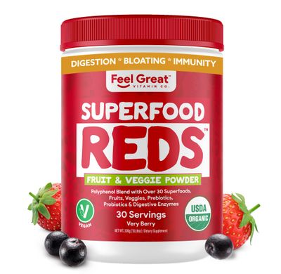 Feel Great Organic Superfood Reds Powder Packed with Beet Root Powder Digestive Support Including Bloating Relief Fruit and Veggie Polyphenols Supplement.