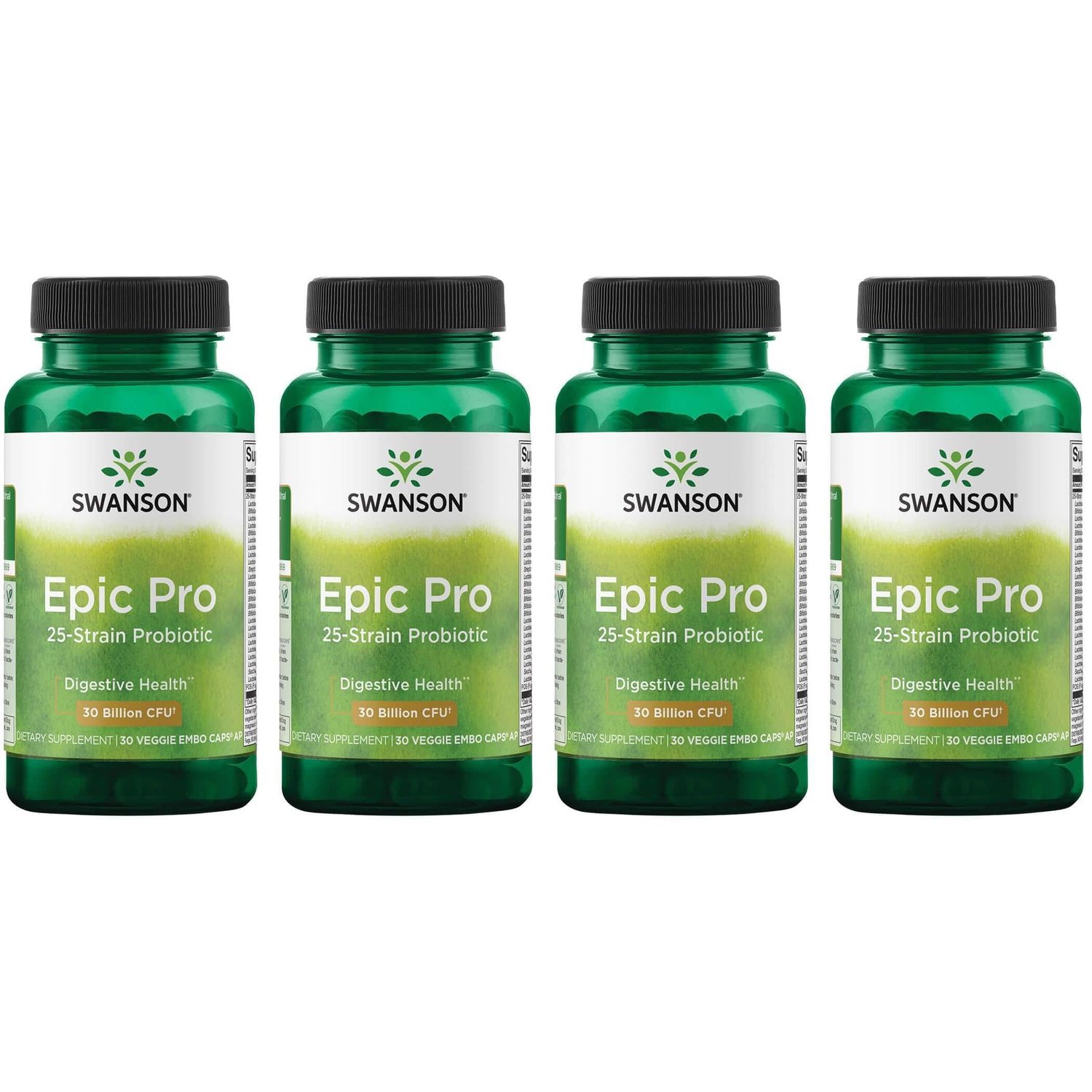 Swanson Epic-Pro 25-Strain Probiotic 30 Billion CFU Digestive Health Immune System Support Prebiotic Nutraflora FOS 30 DRcaps Veggie Capsules (Caps) (4 Pack)