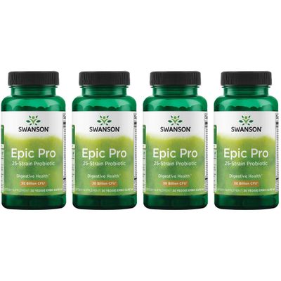 Swanson Epic-Pro 25-Strain Probiotic 30 Billion CFU Digestive Health Immune System Support Prebiotic Nutraflora FOS 30 DRcaps Veggie Capsules (Caps) (4 Pack)