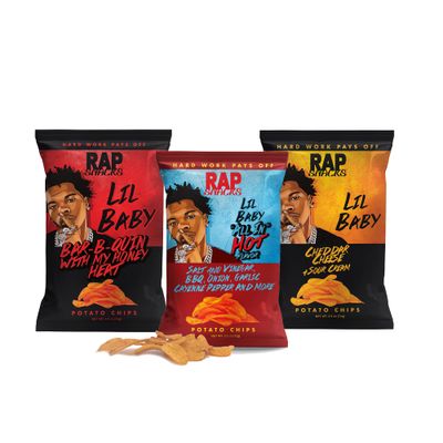 Rap Snacks Lil Baby Cheddar and Sour Cream, Bar-B-Quin&#39; With My Honey Heat and All In Hot-Variety Pack of 6