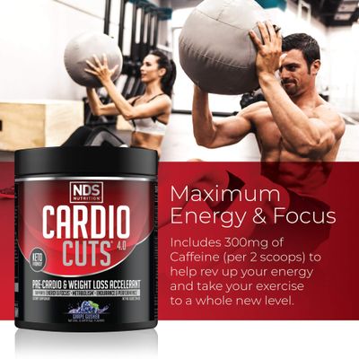 Cardio Cuts NDS Nutrition 4.0 Pre Workout Supplement - Advanced Weight Loss and Pre Cardio Formula with L-Carnitine, CLA, MCTs, L-Glutamine, and Safflower Oil - Grape (40 Servings)