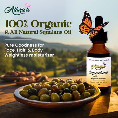 Allurials 100 Organic All Natural Plant-Based Squalane Oil for Face, Hair, Body, Cold Pressed and Unrefined Premium Grade Multipurpose Facial Oil for Moisturize, Smooth, and Soften Skin - 1 Oz