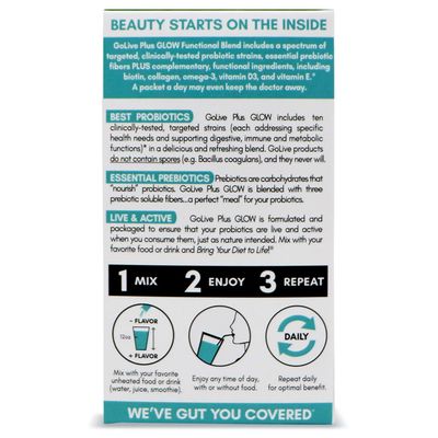 GoLive Probiotics Prebiotics for Women and Men Glow for Beauty, Sugar-Free Synbiotic Powder. 25 Bllion CFUs; 10 Clinical Strains for Healthy, Immune Digestive Health, 10 Count (Pack of 1)