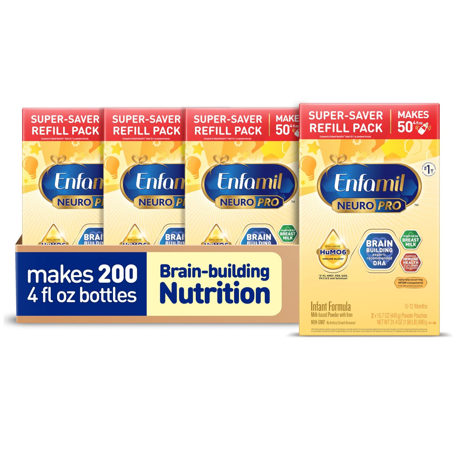 Enfamil NeuroPro Baby Formula, MFGM 5-Year Benefit, Expert-Recommended Brain-Building Omega-3 DHA, Exclusive Immune Supporting HuMO6 Blend, Infant Formula Powder, Baby Milk, 31.4 Oz, Pack of 4