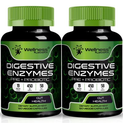 Digestive Enzymes with Probiotics and Prebiotics, 450mg, 5 Billion CFUs - Pure Super Digestion Capsules - Digestive Enzymes for Women Men Support Digestion Gut Health - 120 Count (Pack of 2)