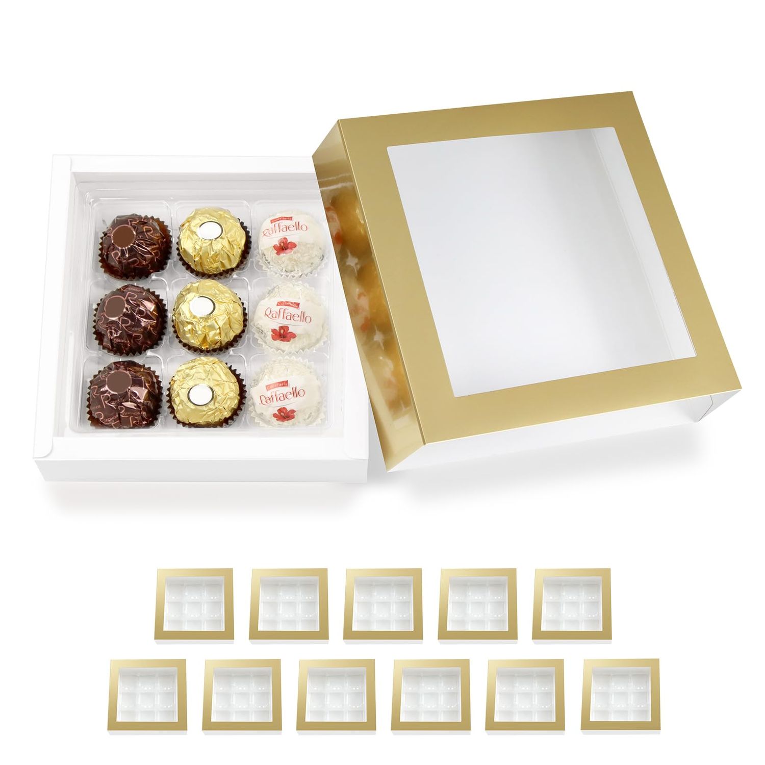 BAKIPACK 12 Truffle Boxes, Chocolates Box, Gold Truffle Gift Packaging with 9-Piece Plastics Tray