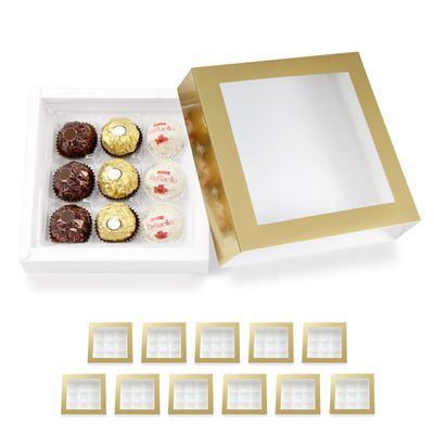 BAKIPACK 12 Truffle Boxes, Chocolates Box, Gold Truffle Gift Packaging with 9-Piece Plastics Tray