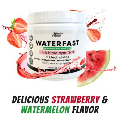 Simply Primal WATERFAST Monk Fruit Keto Electrolyte Powder for Fasting and Hydration- Strawberry Watermelon Flavor Pink Himalayan Salt (Sodium), Potassium, Magnesium, Calcium Sugar Free