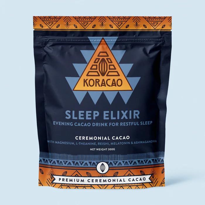 KORACAO Sleep Elixir Instant Ceremonial Cacao for Deeper Sleep With Magnesium Glycinate, L-Theanine, Reishi, Melatonin Ashwagandha - 1 Bag (30 Servings) of Delicious Hot Chocolate Flavor, 300 Grams