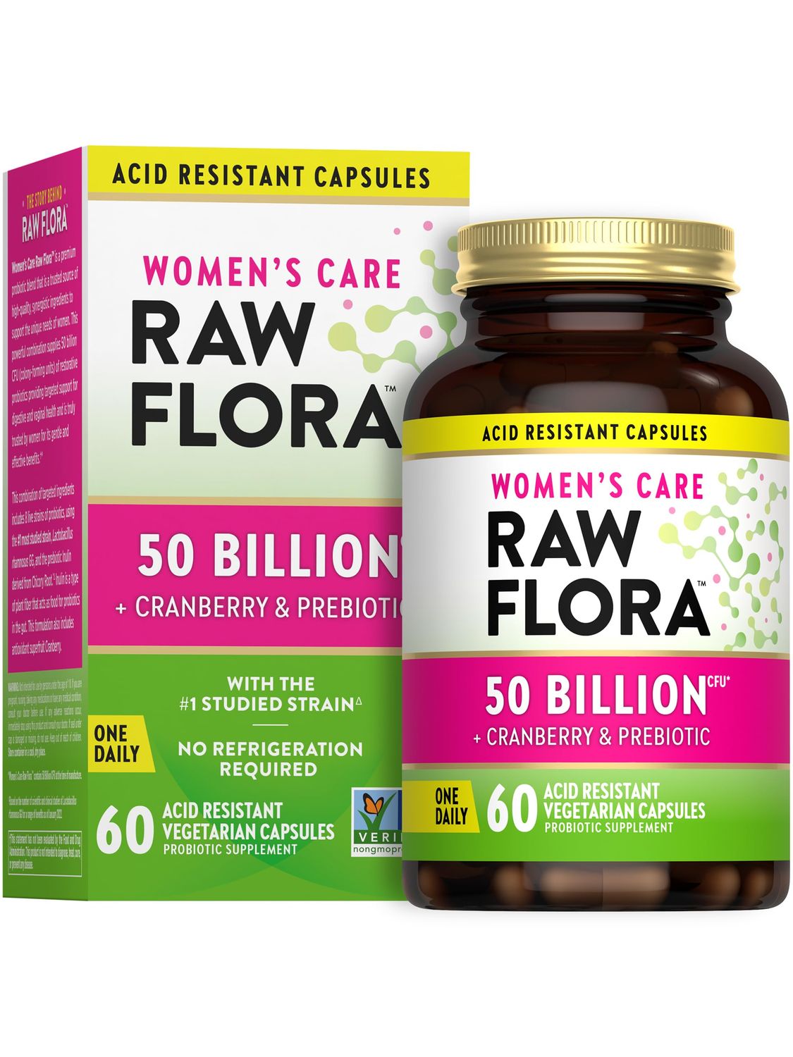 Nature&#39;s Truth Raw Flora Probiotics for Women 50 Billion CFU 60 Capsules with Cranberry Prebiotic Vegetarian Gluten Free Vitamins