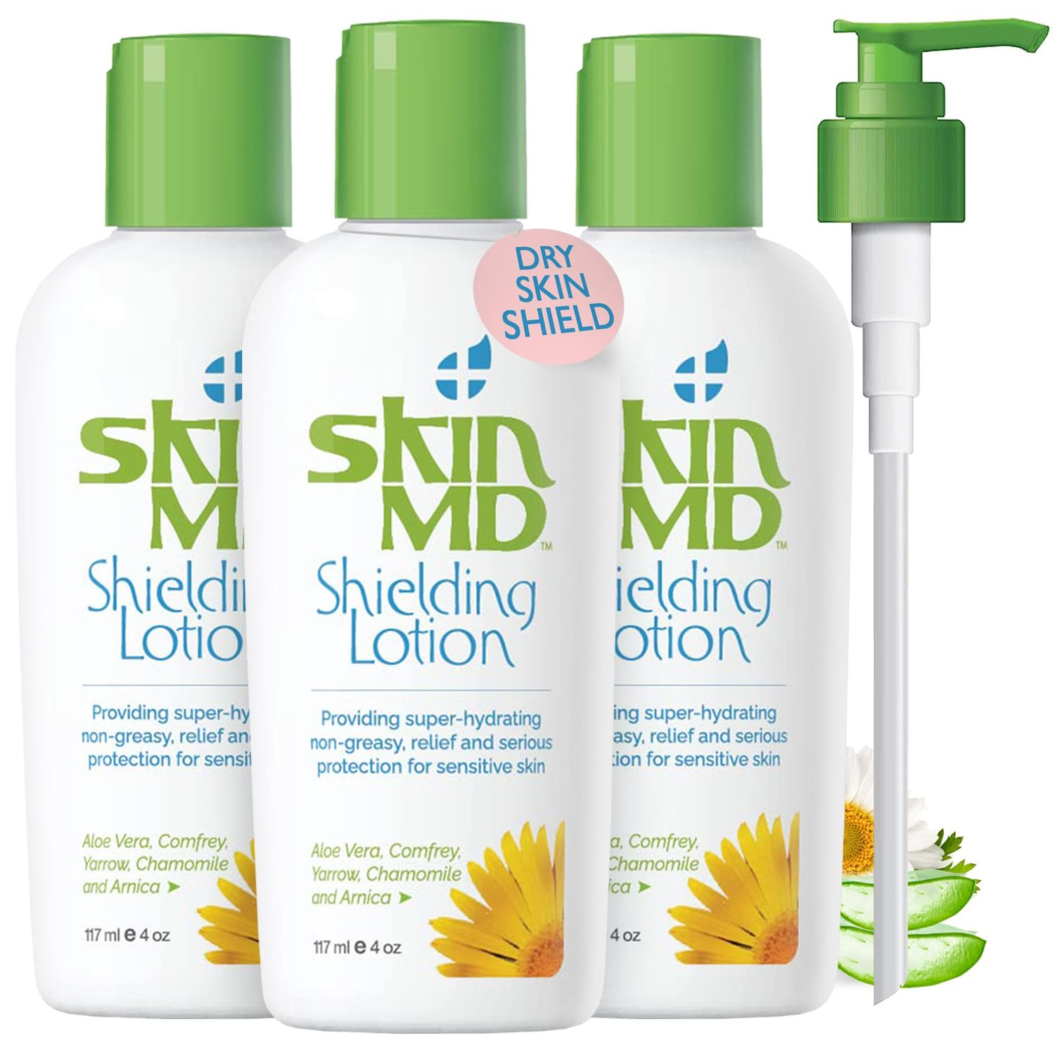 Skin MD Shielding Lotion 4oz - 3 Pack Hydrating Body Lotion for Sensitive Skin with Dispenser Non-Greasy, Fast-Absorbing Moisturizer with Plant-Based Ingredients, Eczema Psoriasis Relief