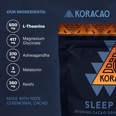 KORACAO Sleep Elixir Instant Ceremonial Cacao for Deeper Sleep With Magnesium Glycinate, L-Theanine, Reishi, Melatonin Ashwagandha - 1 Bag (30 Servings) of Delicious Hot Chocolate Flavor, 300 Grams