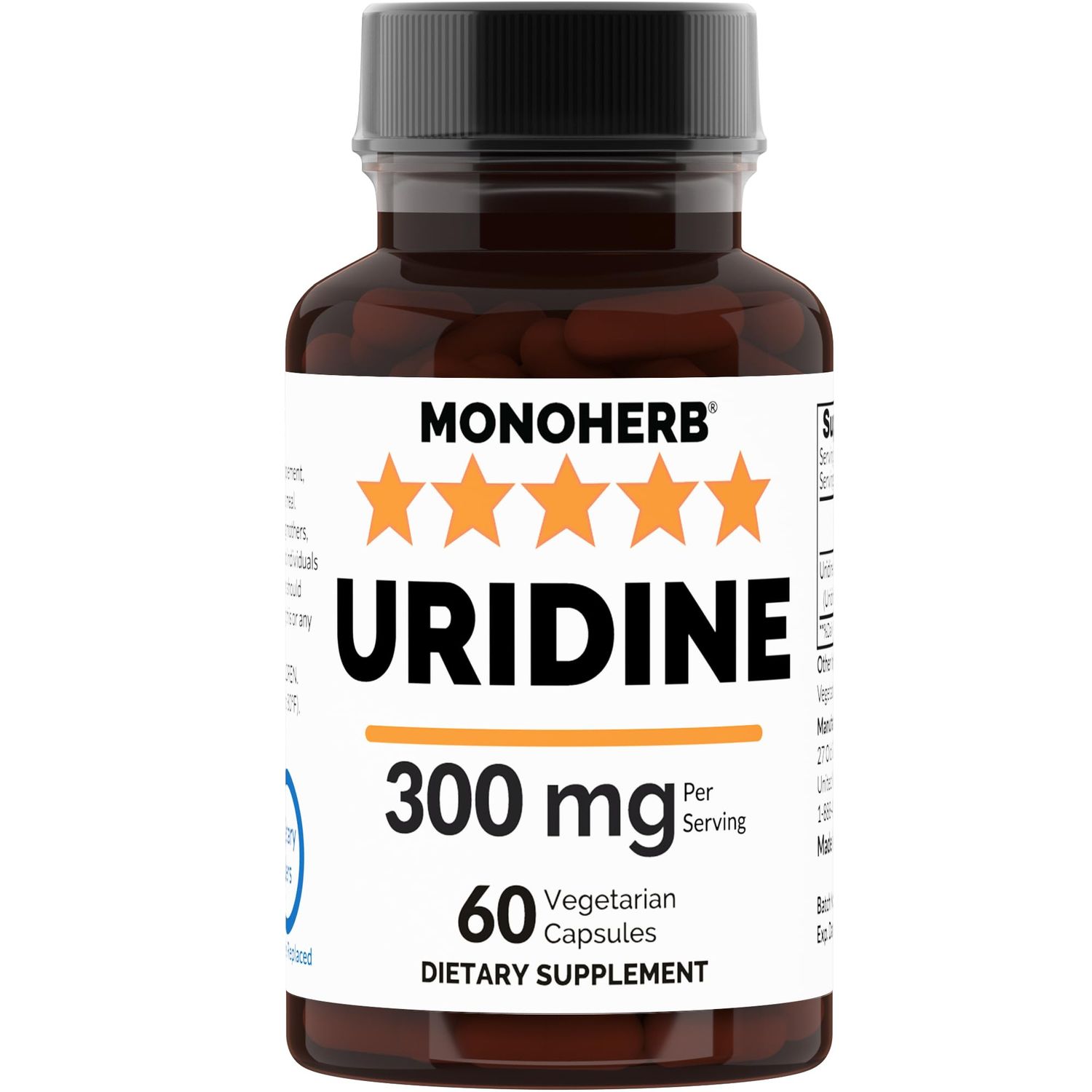 MONOHERB Uridine Monophosphate 300 mg - 60 Veg Capsules 150 mg per Capsule - Serving Size 2 Capsules: 300 mg - 30 Servings