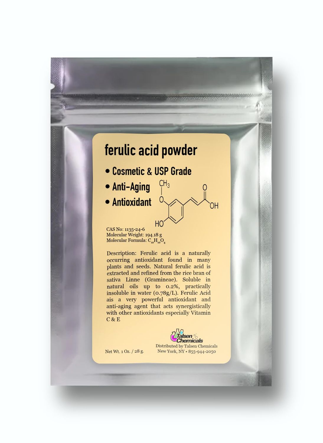 Talsen Chemicals Ferulic Acid Powder Pure 99 Pure Cosmetic Grade Powder Pure Natural, DIY Skincare (1 Oz 28 Grams)