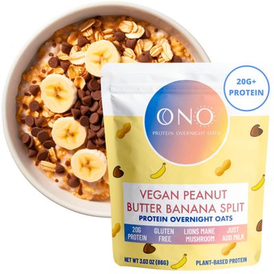ONO Overnight Oats - Vegan Peanut Butter Banana Chocolate Protein Oatmeal (6 Pack)- 20g Protein Powder, High Fiber, Low Sugar, Organic Gluten-Free Overnight Oats, Lions Mane Mushroom, On The Go
