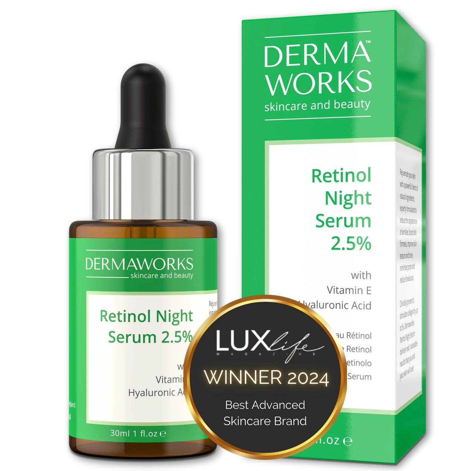 DERMAWORKS Retinol Serum - Anti-Aging Face Night Treatment for Fine Lines Wrinkles - Hydrating Firming Formula with Vitamin E Hyaluronic Acid - Skin Renewal for Radiant Skin, 30ml