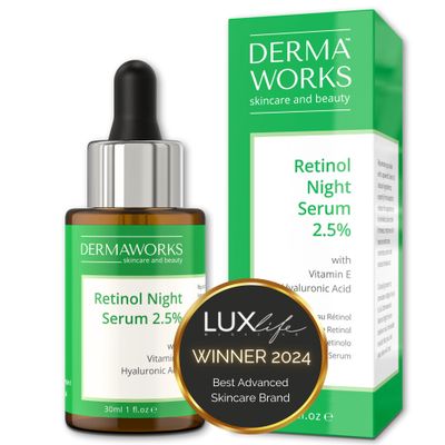 DERMAWORKS Retinol Serum - Anti-Aging Face Night Treatment for Fine Lines Wrinkles - Hydrating Firming Formula with Vitamin E Hyaluronic Acid - Skin Renewal for Radiant Skin, 30ml