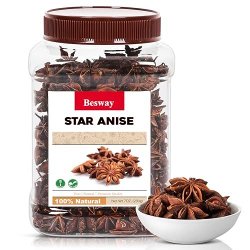 Besway Chinese Star Anise 7 oz, Whole Star Anise, Fresh, Pure and Dried Anise Pods, Great for Cooking, Baking and Tea (200g)