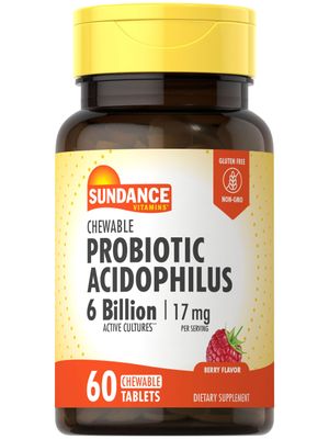 Sundance Probiotic Aciophilus 17mg 6 Billion Active Cultures 60 Chewable Tablets Berry Flavor Vegetarian, Non-GMO, and Gluten Free Supplement