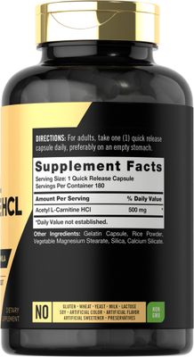 Carlyle Acetyl L-Carnitine HCL Supplement 500mg Capsules 180 Count Advanced Athlete Formula Non-GMO Gluten Free