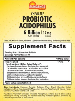 Sundance Probiotic Aciophilus 17mg 6 Billion Active Cultures 60 Chewable Tablets Berry Flavor Vegetarian, Non-GMO, and Gluten Free Supplement