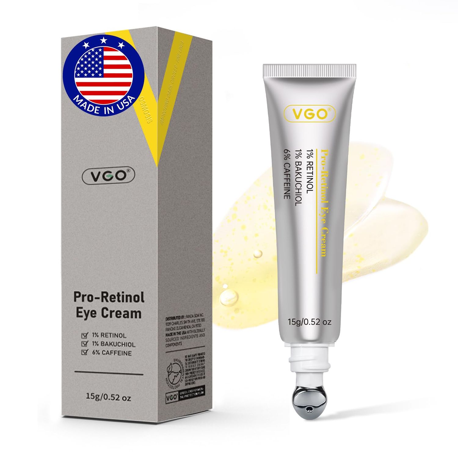 VGO Retinol Eye Cream, Anti-Aging Eye Cream for Dark Circles Puffiness with 1 Retinol, 1 Bakuchiol 6 Caffeine to Reduce Wrinkles, Fine Lines, De-puff and Eye Bags, 0.52 oz15g, Made in USA