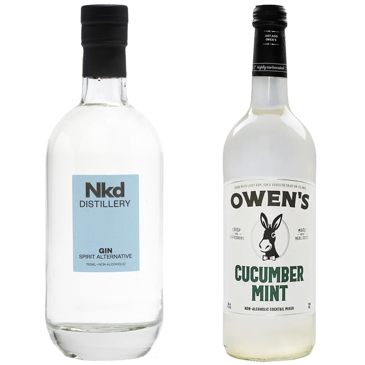 Nkd Distillery Gin Alternative Premium Non-Alcoholic Spirit 750 ML Bottles w Owen s Mixers Cucumber Mint 750 ML Bottles - Perfect for Mocktails - Made in USA