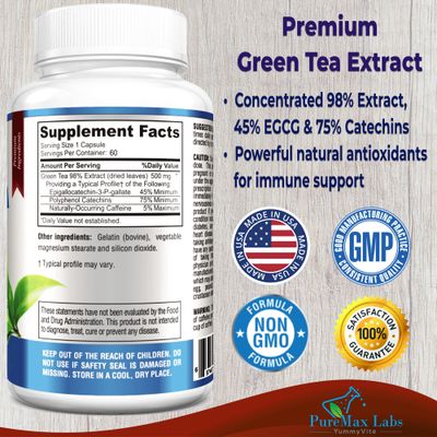 YUMMYVITE Green Tea Extract 98 - 3X Strength, 75 Polyphenol Catechins, 45 EGCG, Super Antioxidant - 60 Capsules
