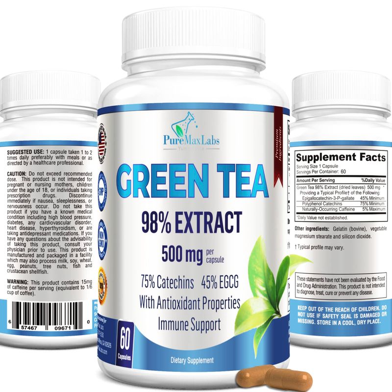 YUMMYVITE Green Tea Extract 98 - 3X Strength, 75 Polyphenol Catechins, 45 EGCG, Super Antioxidant - 60 Capsules