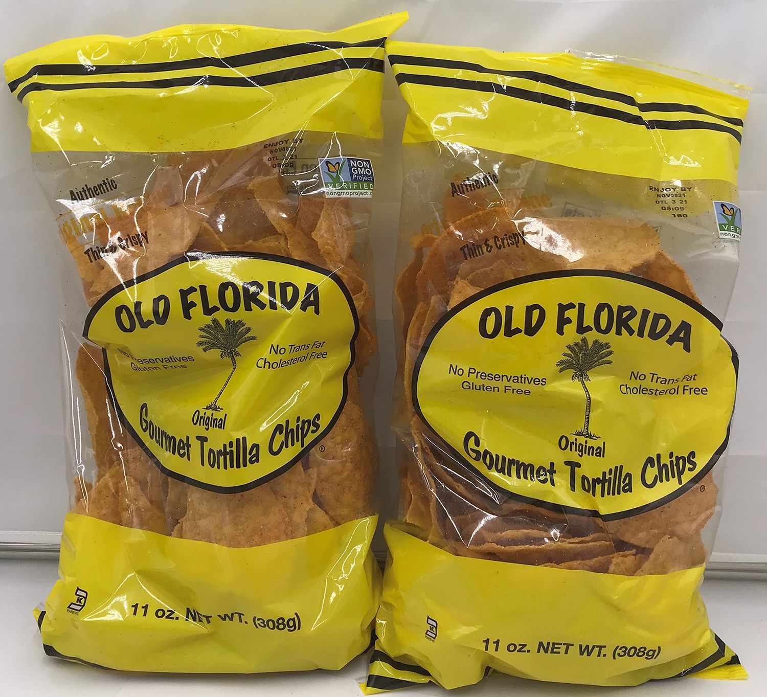 Old Florida Gourmet Original Tortilla Chips, 11 OZ - Pack of TWO (2) - Original Thin Crispy Non-GMO Recipe