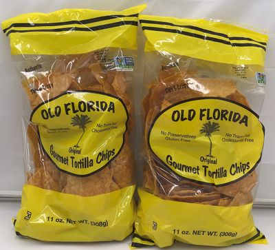 Old Florida Gourmet Original Tortilla Chips, 11 OZ - Pack of TWO (2) - Original Thin Crispy Non-GMO Recipe