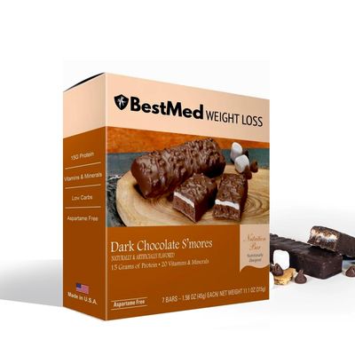 BestMed - High Protein Nutrition Bar - Low-Carb, 15g Protein, Low Sugar, High Fiber, Low Calorie, Meal Replacement Bar (Dark Chocolate S&#39;mores, 1 Box - 7 Count)