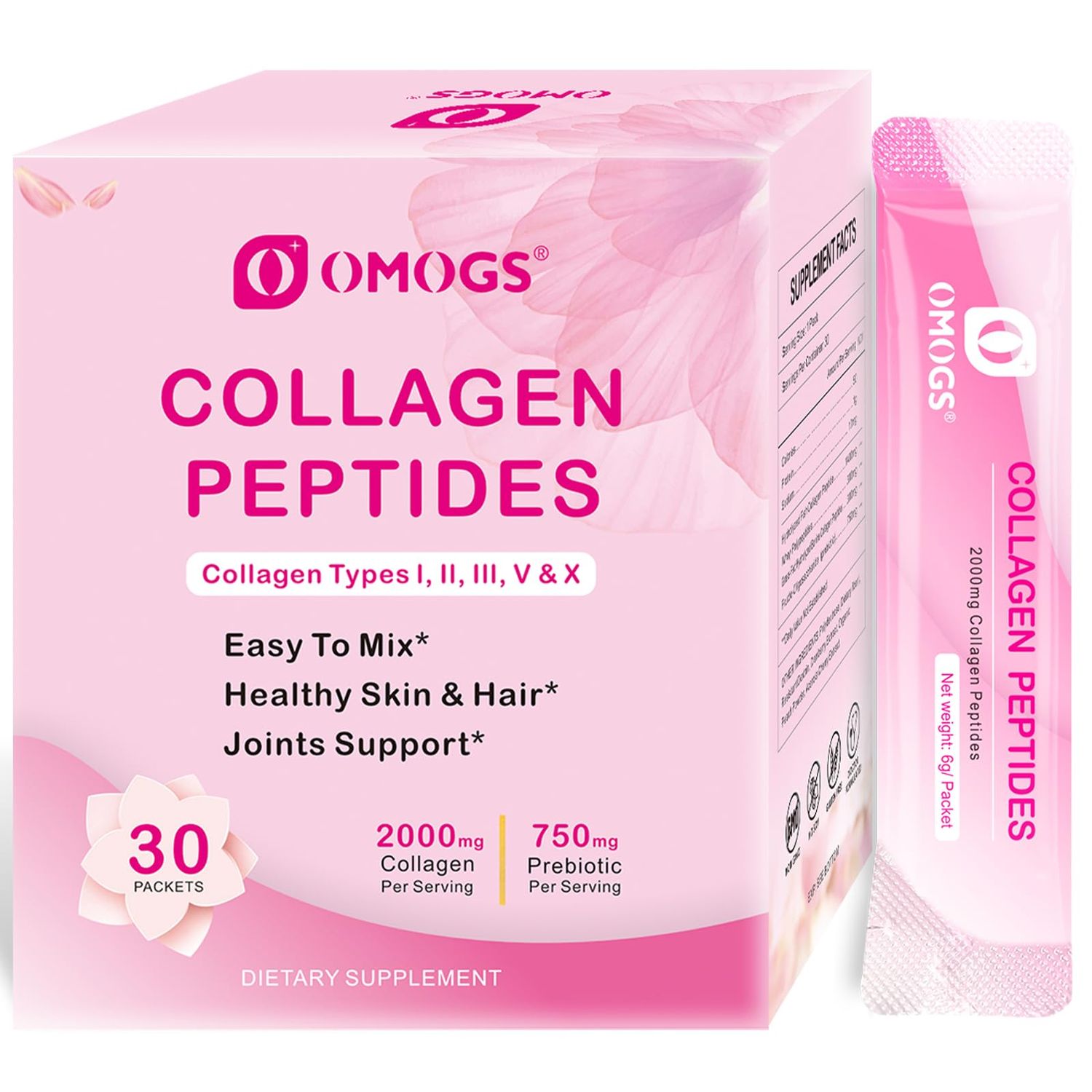 OMOGS Collagen Peptides Powder, with Prebiotics Cranberry Extract -Hydrolyzed Collagen Peptides Support Hair, Skin, Nail, Bone Digestive Health, Grass Fed, Non-GMO, for Women Men