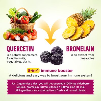 HOLLEGEND Quercetin Gummies for Kids and Adults, 1000mg Quercetin with Bromelain Vitamin C Zinc and Elderberry Supplement Organic, Chewable Gummies Vegan for Immunity Allergy Support, 60 Count