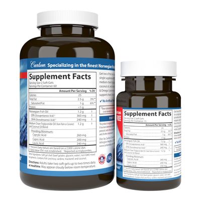 Carlson - MCT Omega-3, Coconut Oil, Caprylic Capric Acids, EPA DHA, Energy Production, Fat Metabolism Brain Health, 12030 Softgels