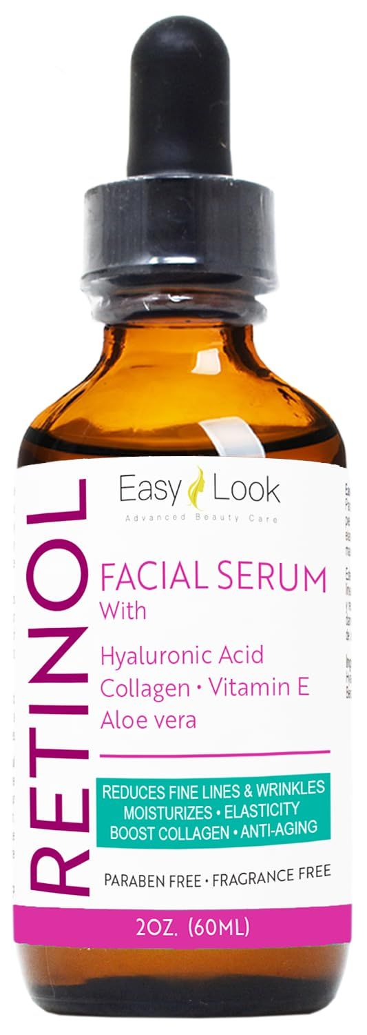 Retinol Serum for Face wHydrating Hyaluronic Acid, Collagen, Vitamin E and Aloe vera. Anti-Aging Facial Serum, Tighten Lift Hydrate Plump All Skin Types, Reduce Fine Line Wrinkles 2 Fl Oz