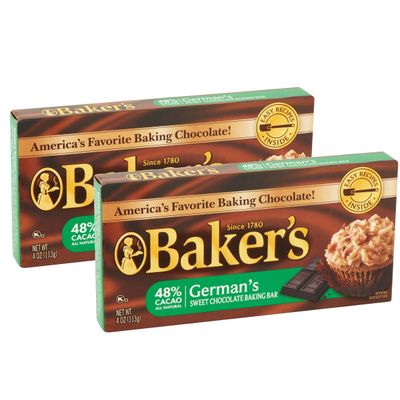 Lot of 2 Baker&#39;s 4 oz. Sweet Chocolate Bar-German&#39;s All Natural 48 Cacao