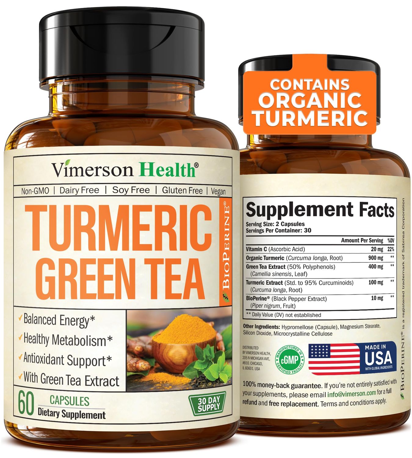 Turmeric Supplement Green Tea Extract Capsules. Green Tea Supplement with Organic Turmeric Curcumin with Black Pepper Vitamin C for Joint Health, Antioxidant Support Healthy Metabolism. 60 Caps