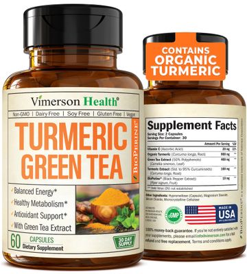 Turmeric Supplement Green Tea Extract Capsules. Green Tea Supplement with Organic Turmeric Curcumin with Black Pepper Vitamin C for Joint Health, Antioxidant Support Healthy Metabolism. 60 Caps