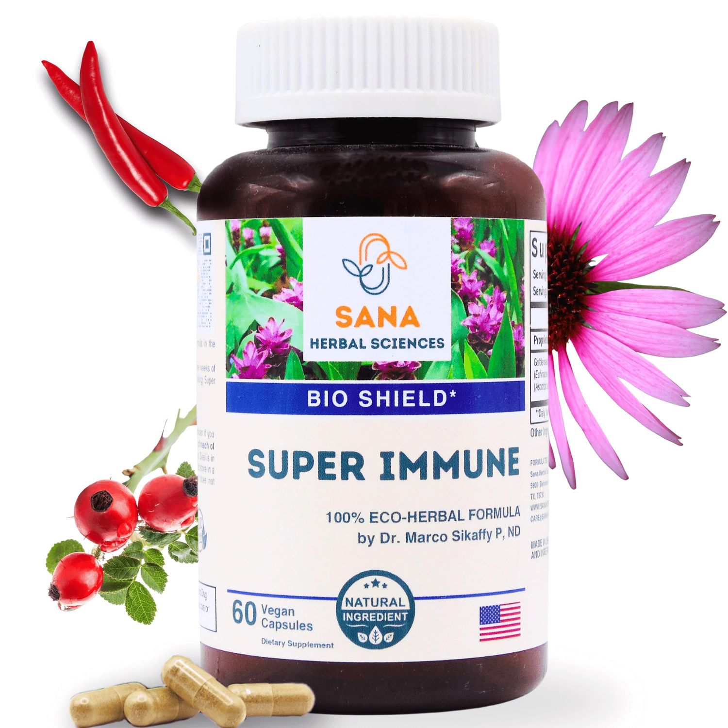 Rapid Immune Boost with Organic Echinacea Vitamin C Cayenne and More Immune Support Supplement for Adults 60 Capsules by Sana Herbal and Dr. Marco Sikaffy