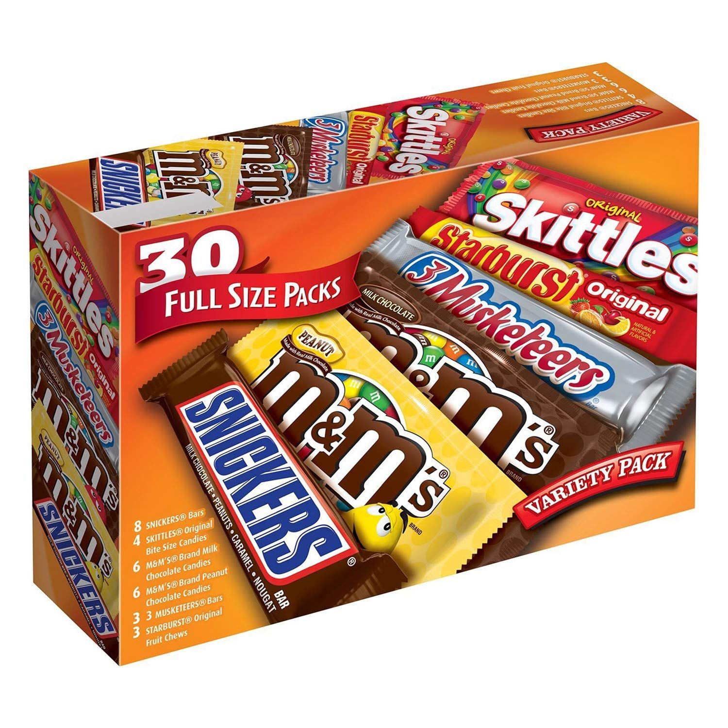 MM&#39;S, SNICKERS, SKITTLES, STARBURST 3 MUSKETEERS Full Size Candy Bars Assorted Variety Box , 56.11 oz 30 Pieces