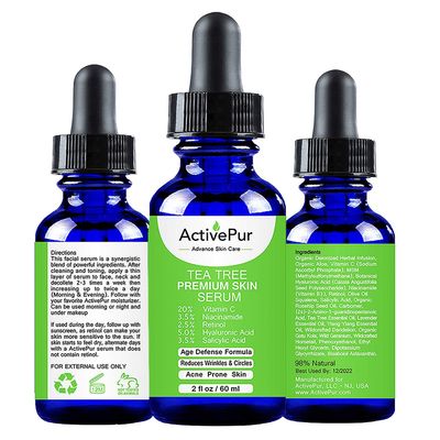 ActivePur Tea Tree Serum Oil for Acne Facial Skin Serum 20 Vitamin C Hyaluronic Acid Retinol helps in Hyperpigmentation Wrinkles Anti Aging Dark Spots Blemishes Acne Scars (2 Oz60 ml)