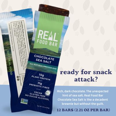 Real Food Bar - Plant Based Protein Bar - Chocolate Sea Salt - 12 Count - 15g Protein - High Energy, Paleo, Vegan, and Non GMO - Gluten Free, Dairy Free and Soy Free