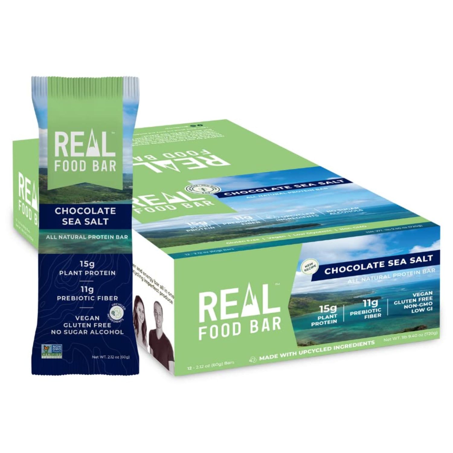 Real Food Bar - Plant Based Protein Bar - Chocolate Sea Salt - 12 Count - 15g Protein - High Energy, Paleo, Vegan, and Non GMO - Gluten Free, Dairy Free and Soy Free