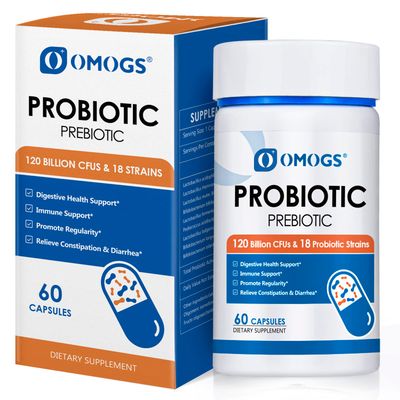 OMOGS Probiotics 120 Billion CFUs 18 Strains, 3 Prebiotics Digestive Enzymes, Helps Digestive, Gut Health, Immune, Supports Occasional Constipation, Diarrhea Gas - for Women Men, 60 Capsules