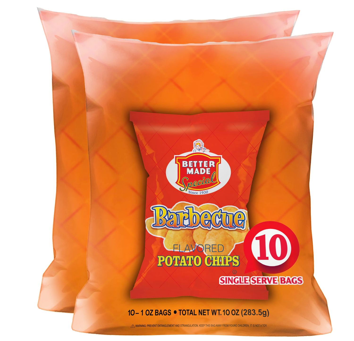Better Made Special BBQ Flavor Potato Chips 2 Ten Packs (20) Lunch Snack Bags 1oz (Pack of 20) - Gluten Free - Family Owned in Detroit - Barbecue