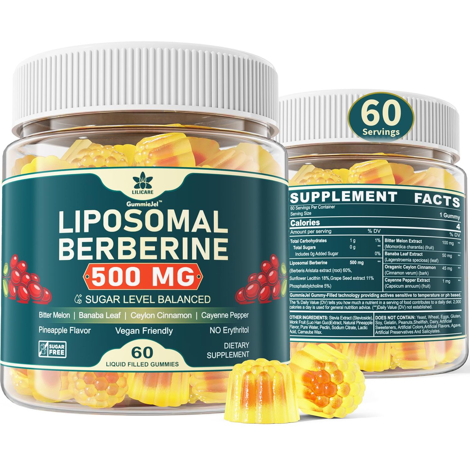 LILICARE Berberine 500mg Supplement, Once Daily, Liposomal Gummies with Ceylon Cinnamon, Bitter Melon, Banaba Leaf for Metabolism Balanced, AMPK Activator, High Absorption, Sugar Free, Vegan, 60 Cts