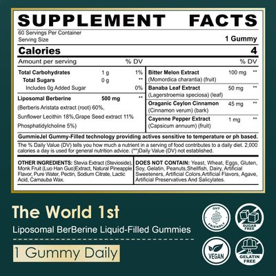 LILICARE Berberine 500mg Supplement, Once Daily, Liposomal Gummies with Ceylon Cinnamon, Bitter Melon, Banaba Leaf for Metabolism Balanced, AMPK Activator, High Absorption, Sugar Free, Vegan, 60 Cts