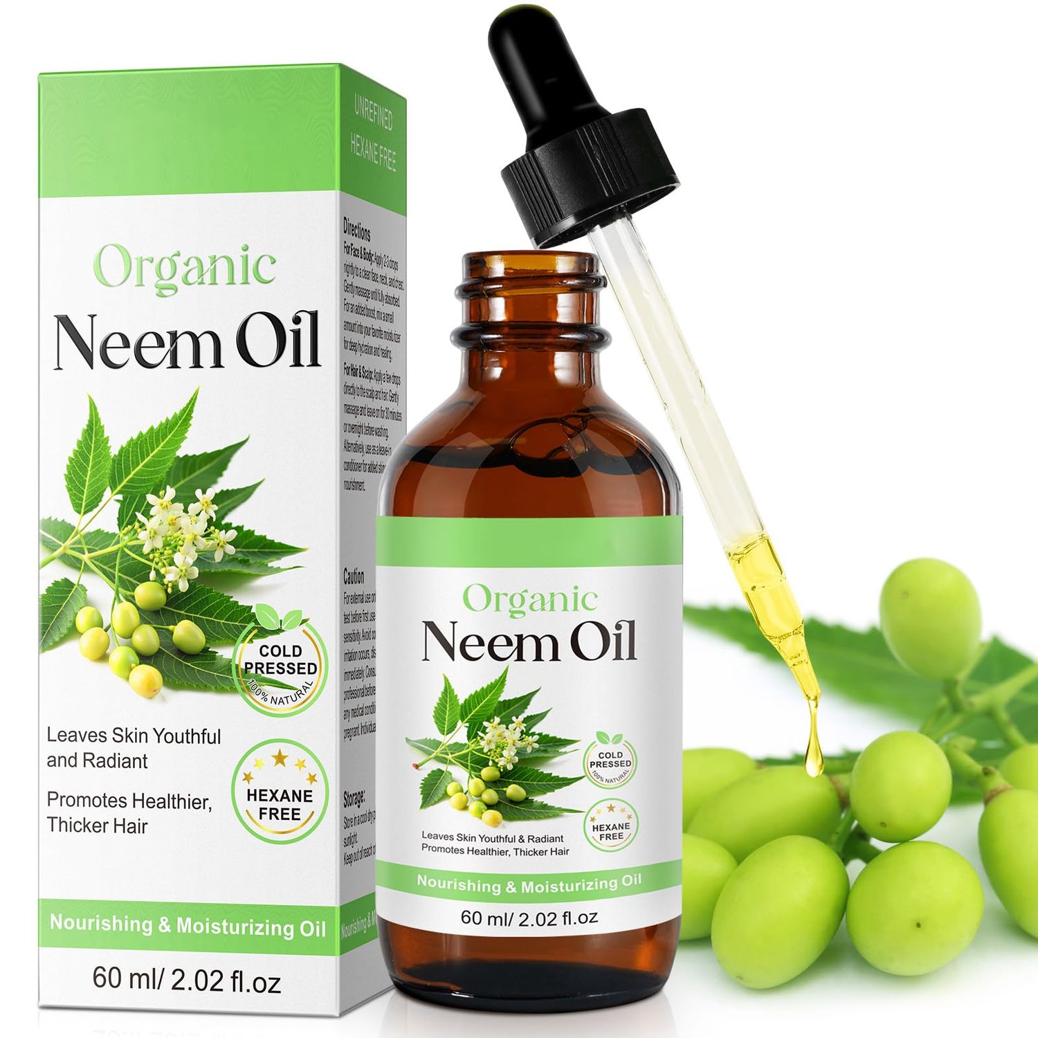 DOKYSABE Neem Oil for Skin - 100 Natural Cold Pressed Neem Oil - for Face, Skin Care, Hair Care, Scalp Massage Body Massage Hair Growth, Acne, Anti-Aging Moisturizer (2.02 Fl Oz)
