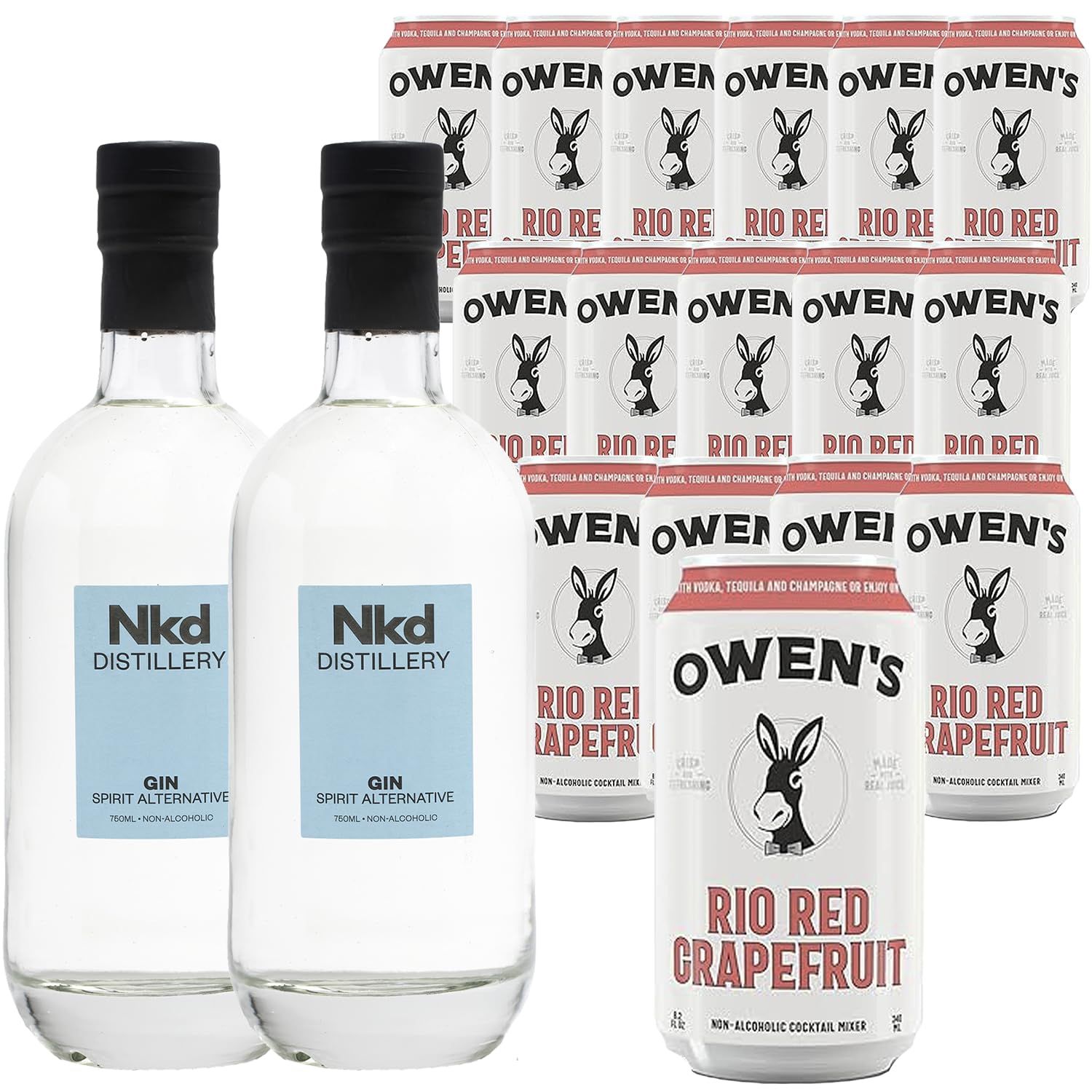 Nkd Distillery Gin Alternative Premium Non-Alcoholic Spirit 750 ML Bottles w Owen s Mixers Rio Red Grapefruit 8.2 OZ Cans - Perfect for Mocktails - Made in USA